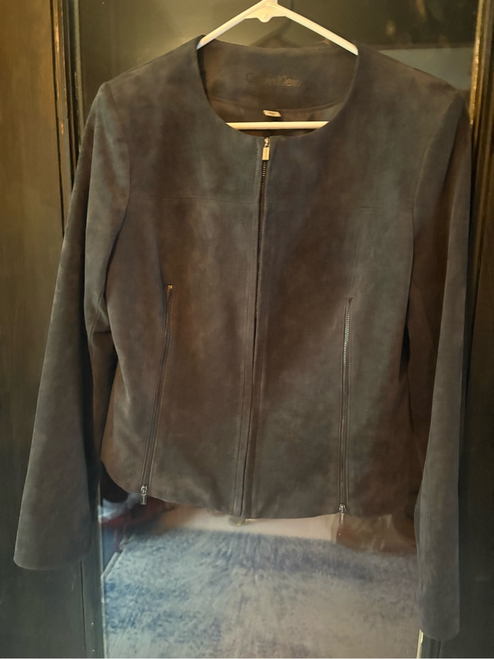 Calvin Klein smoky dark grey faux Suede Zip-Front Jacket and Skirt Suit Business